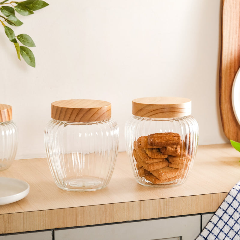 Set Of 2 Ribbed Glass Storage Jars With Wooden Lid 2200ml