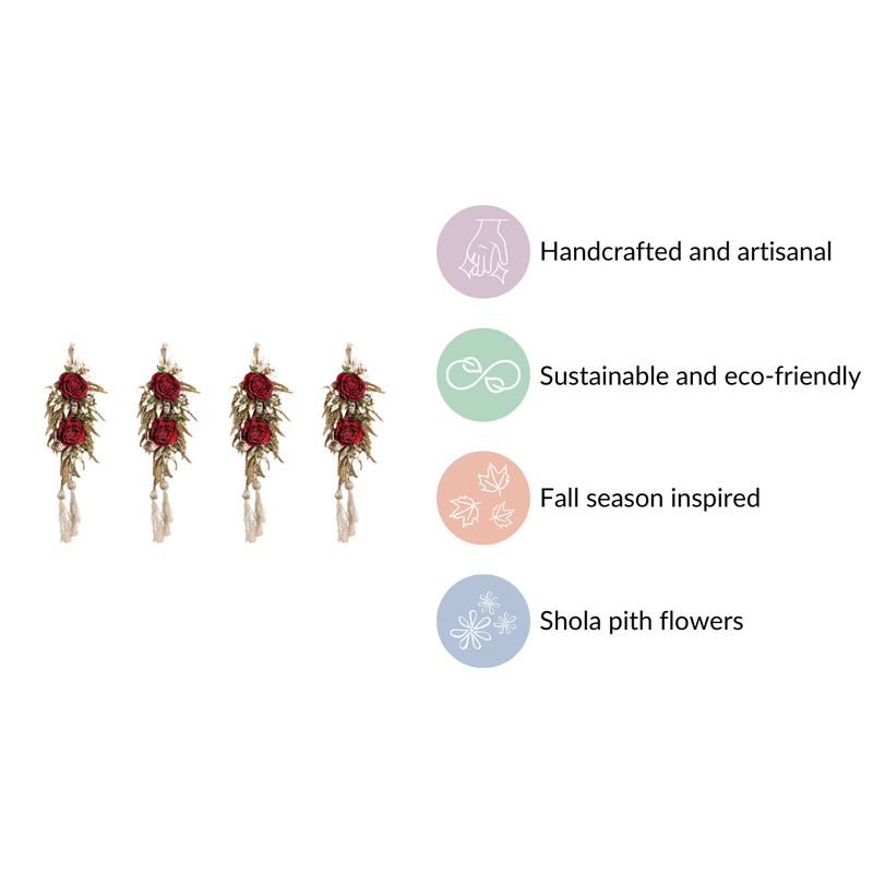 Natural Red Flower Wall Hanging With Tassels Set Of 4