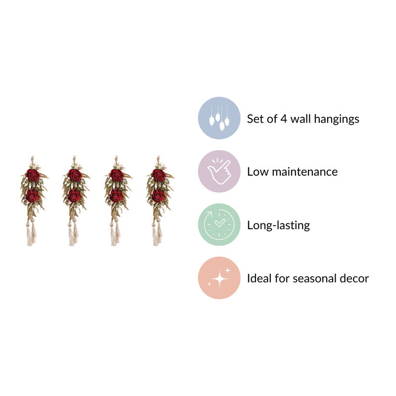 Natural Red Flower Wall Hanging With Tassels Set Of 4