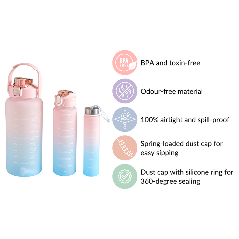 Sporty Motivational Water Bottles Set Of 3 Pink Blue- Water bottles, water bottle set, BPA free water bottles, water bottle with sipper