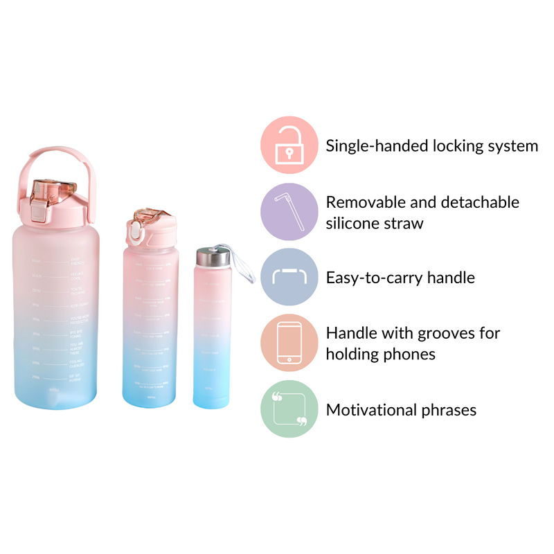 Sporty Motivational Water Bottles Set Of 3 Pink Blue- Water bottles, water bottle set, BPA free water bottles, water bottle with sipper