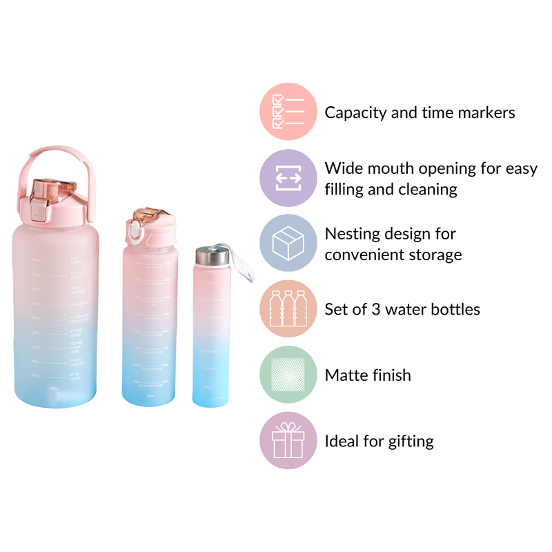 Sporty Motivational Water Bottles Set Of 3 Pink Blue- Water bottles, water bottle set, BPA free water bottles, water bottle with sipper