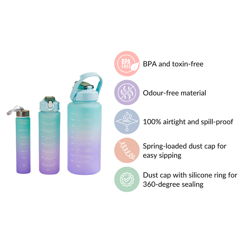 Set Of 3 Motivational Water Bottles Green Lavender- Water bottles, water bottle set, BPA free water bottles, water bottle with sipper