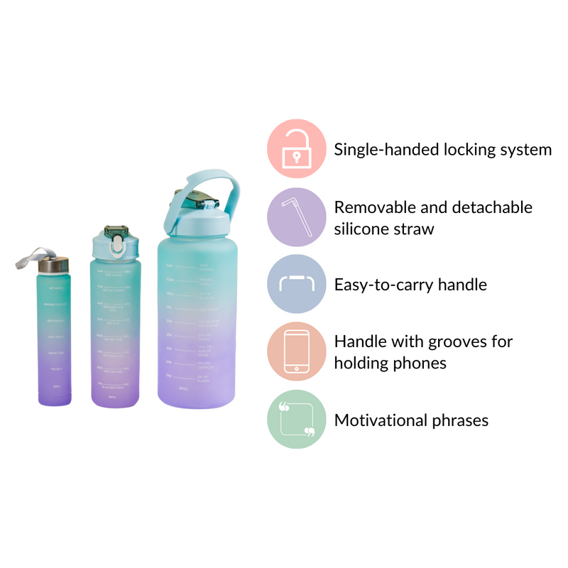 Set Of 3 Motivational Water Bottles Green Lavender- Water bottles, water bottle set, BPA free water bottles, water bottle with sipper