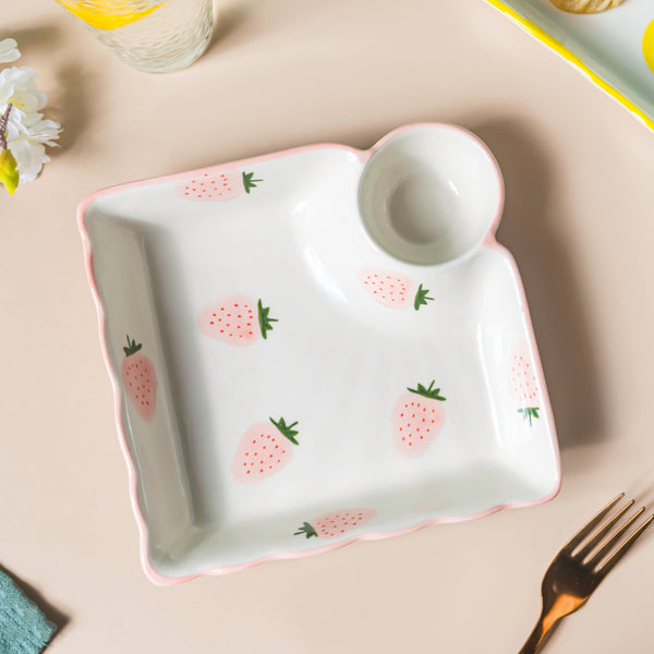 Strawberry Dreams Sectioned Plate Pink - Serving plate, snack plate, momo plate, plate with compartment | Plates for dining table & home decor