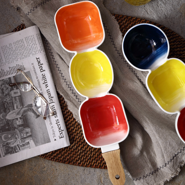 MERRY 3 part snack bowl with wooden handle - Orange, yellow & red - Ceramic bowls, snack serving bowls, section bowls, bowl with handle, small serving bowls | Bowls for dining table & home decor