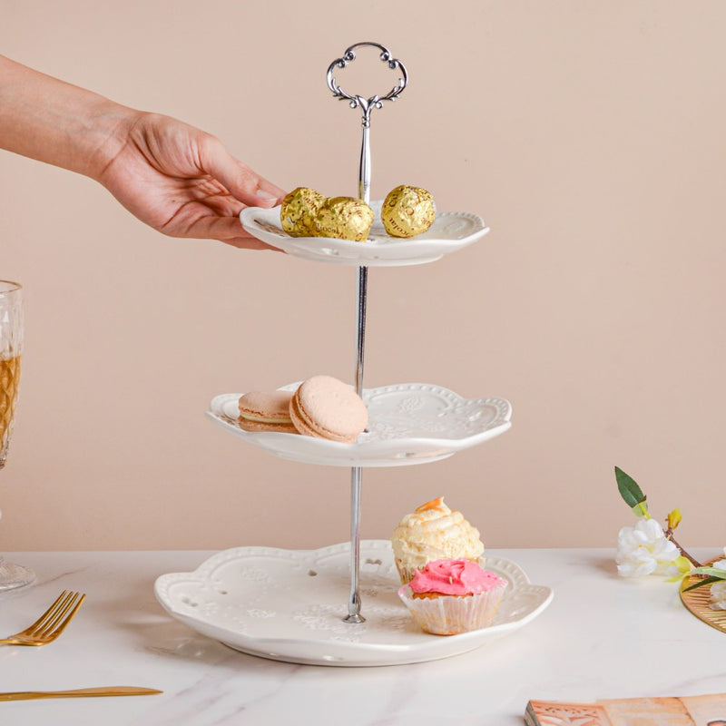 White Crochet Ceramic 3-tier Cupcake Stand