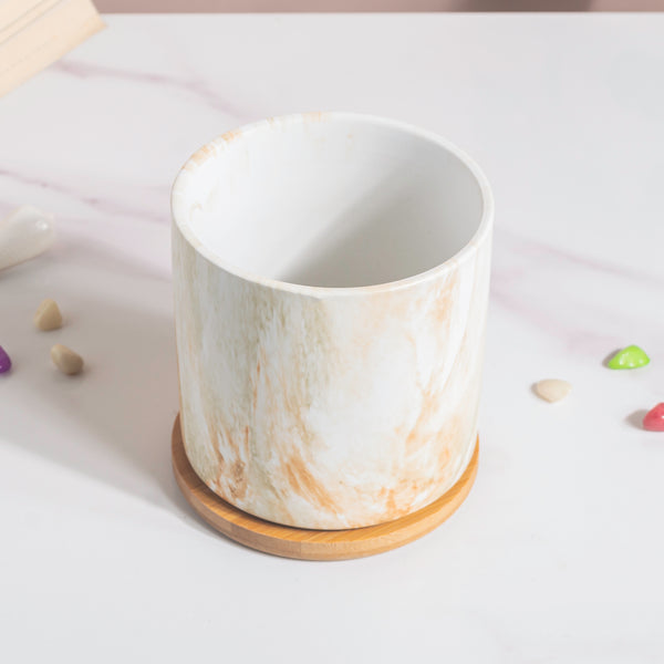 Carrara Brown Splash White Planter With Wooden Coaster