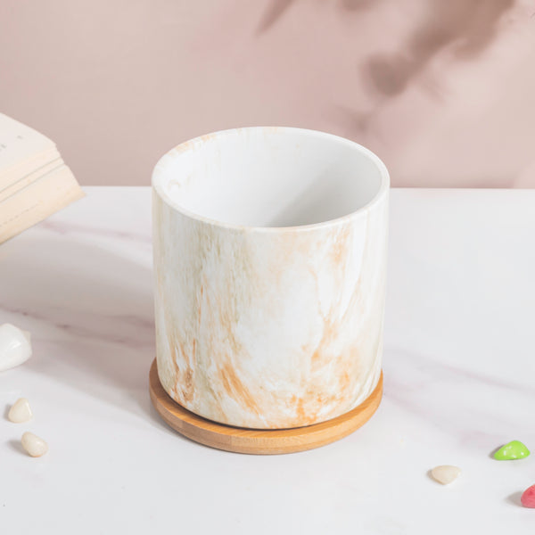 Carrara Brown Splash White Planter With Wooden Coaster
