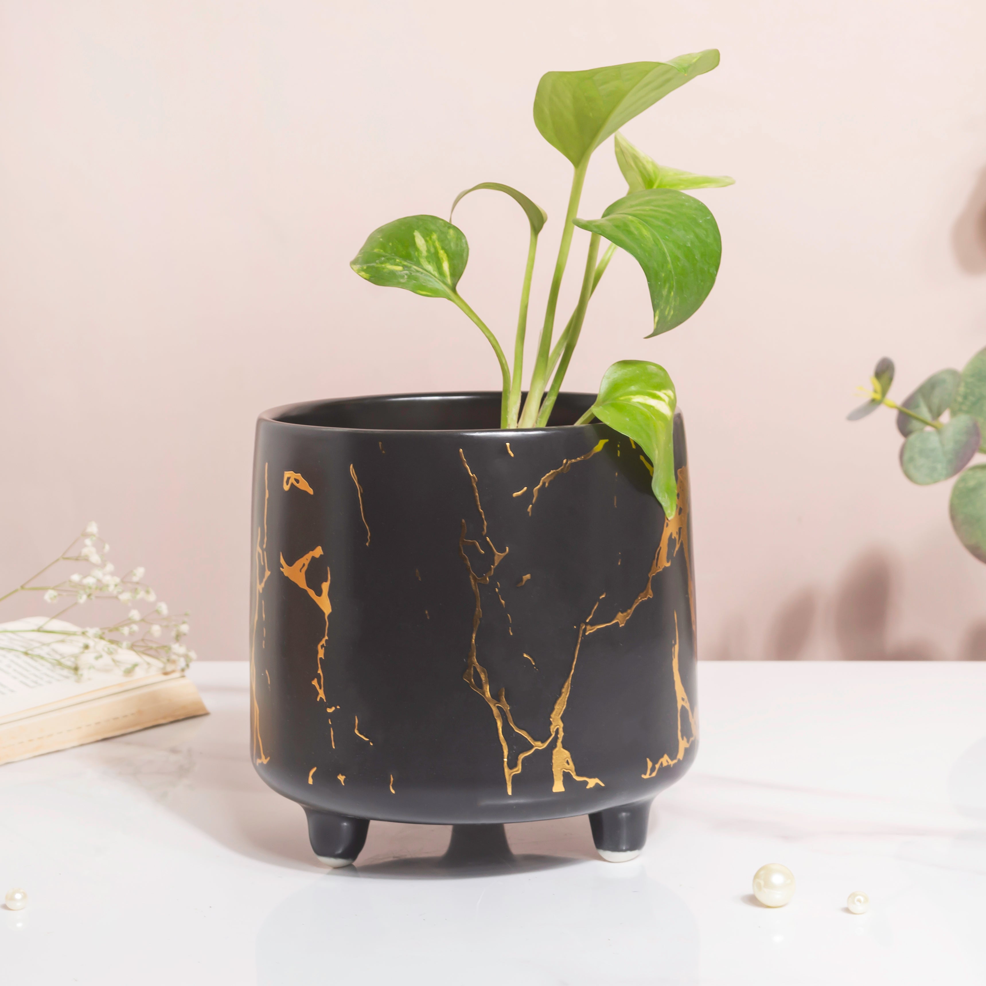 black gold plant pot Halcyon Gold Black Marble Ceramic Planter With Legs Large Online - Premium Planter
