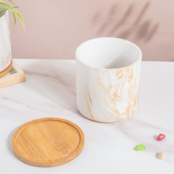 Carrara Brown Splash White Planter With Wooden Coaster