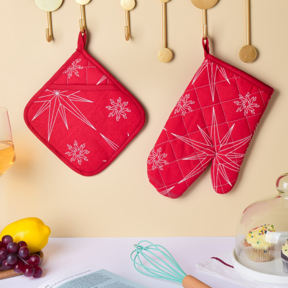 Festive Christmas Oven Mitt And Mat Red Set Of 2 Nestasia