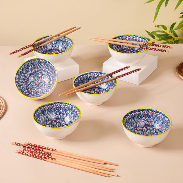 Mandala Ceramic Bowl And Chopstick Multicolour Set Of 6