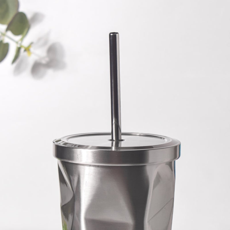 Double Walled Tumbler With Straw Silver 500ml- Sippers, sipping cup, travel mug | Sippers for Travelling & Home decor