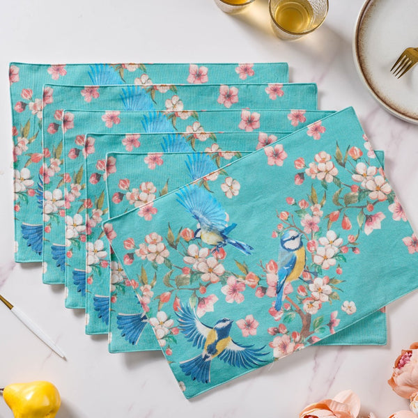 Birds Blossoms Cotton Printed Table Mat Blue Set Of 6