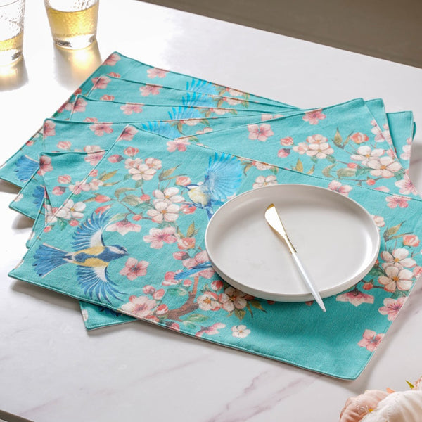 Birds Blossoms Cotton Printed Table Mat Blue Set Of 6