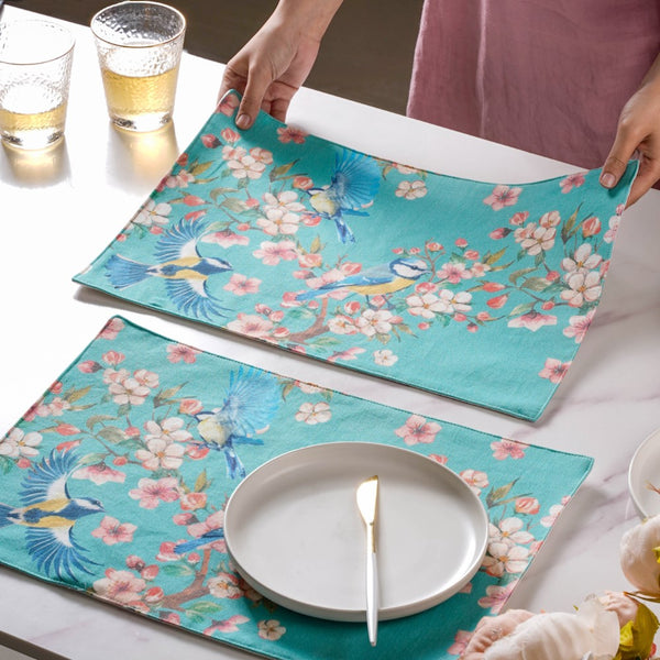 Birds Blossoms Cotton Printed Table Mat Blue Set Of 6