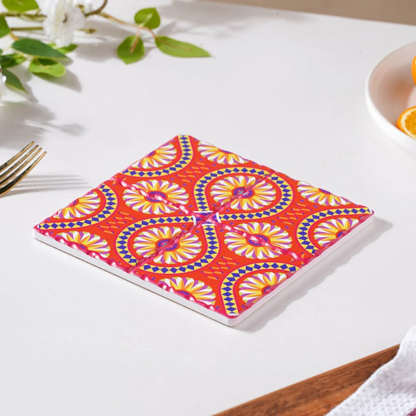 Zellij Art Square Ceramic Tiled Trivet Orange