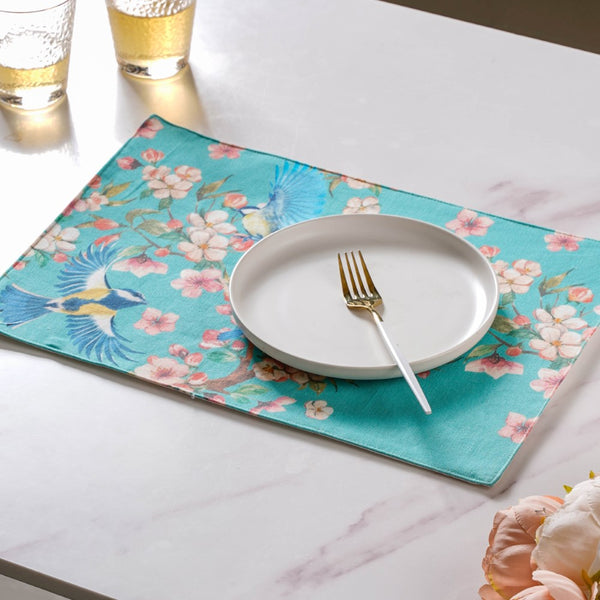 Birds Blossoms Cotton Printed Table Mat Blue Set Of 6