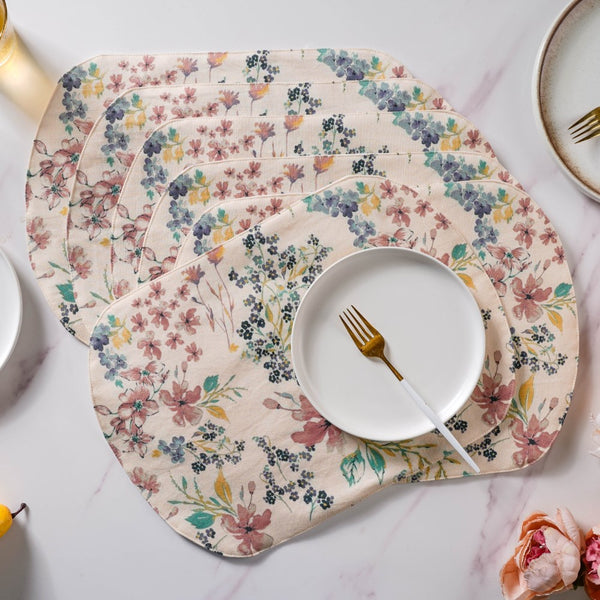 Dainty Florals Cotton Printed Table Mat Beige Set Of 6