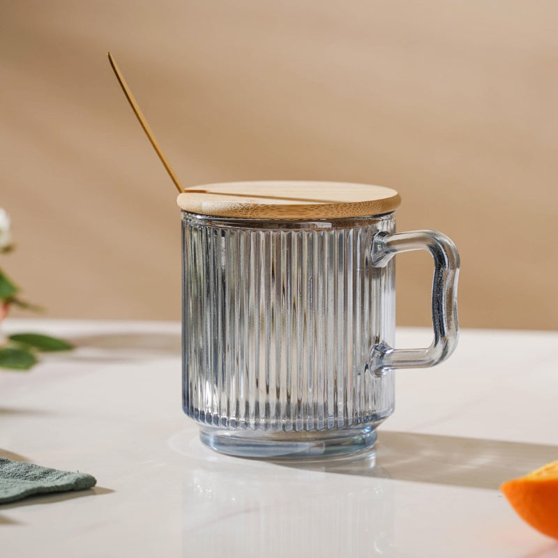Aurora Ribbed Grey Glass Mug With Lid And Spoon Set Of 2 350 ml- Mug for coffee, tea mug, cappuccino mug | Cups and Mugs for Coffee Table & Home Decor
