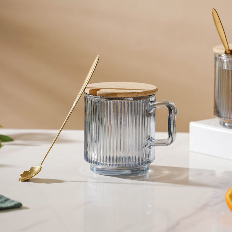 Aurora Ribbed Grey Glass Mug With Lid And Spoon Set Of 2 350 ml- Mug for coffee, tea mug, cappuccino mug | Cups and Mugs for Coffee Table & Home Decor