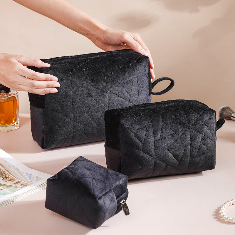 Sleek Black Vanity Pouch Set Of 3