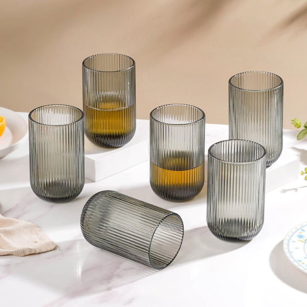 Ribbed Texture Drinking Glass Ash Grey Set Of 6 350ml