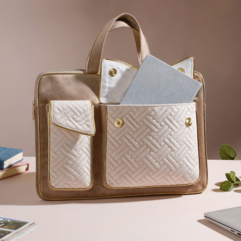 Luxe Velvet Sleek Laptop Bag Beige 14 x 10.5 Inch