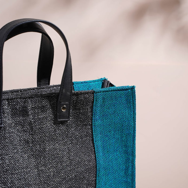 Eco Friendly Jute Lunch Bag Black And Teal 15 x 10 Inch