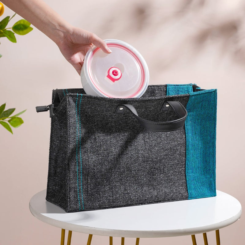 Eco Friendly Jute Lunch Bag Black And Teal 15 x 10 Inch