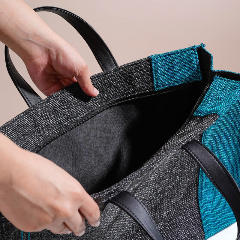 Eco Friendly Jute Lunch Bag Black And Teal 15 x 10 Inch