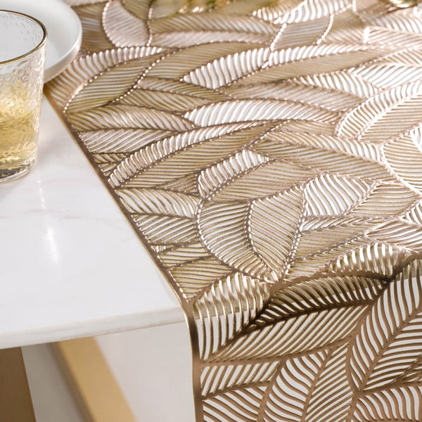 Luxe Leaves Table Runner Gold 70x14 Inch