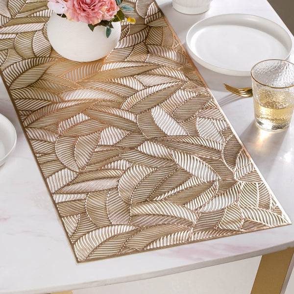 Luxe Leaves Table Runner Gold 70x14 Inch