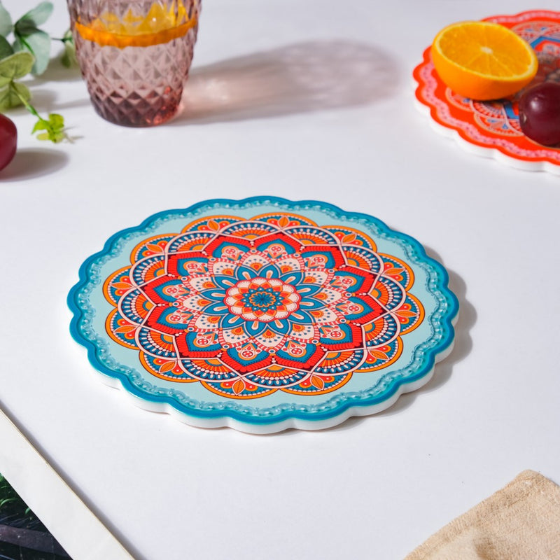 Floral Round Zellij Art Ceramic Trivet Blue And Orange 7 Inch