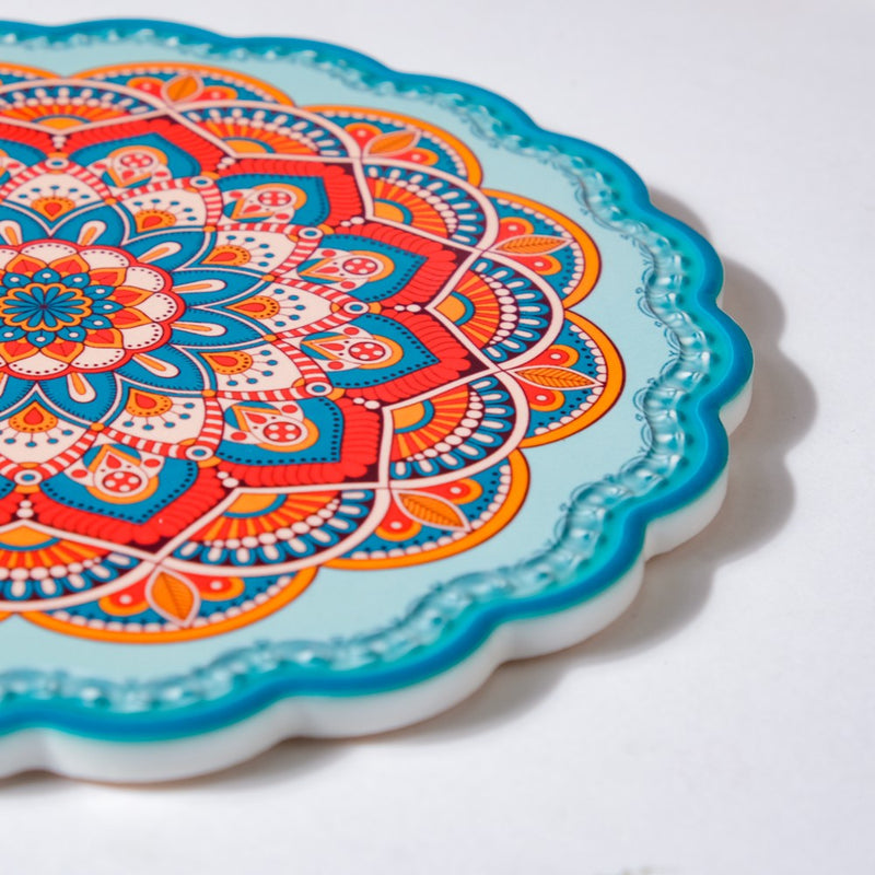 Floral Round Zellij Art Ceramic Trivet Blue And Orange 7 Inch