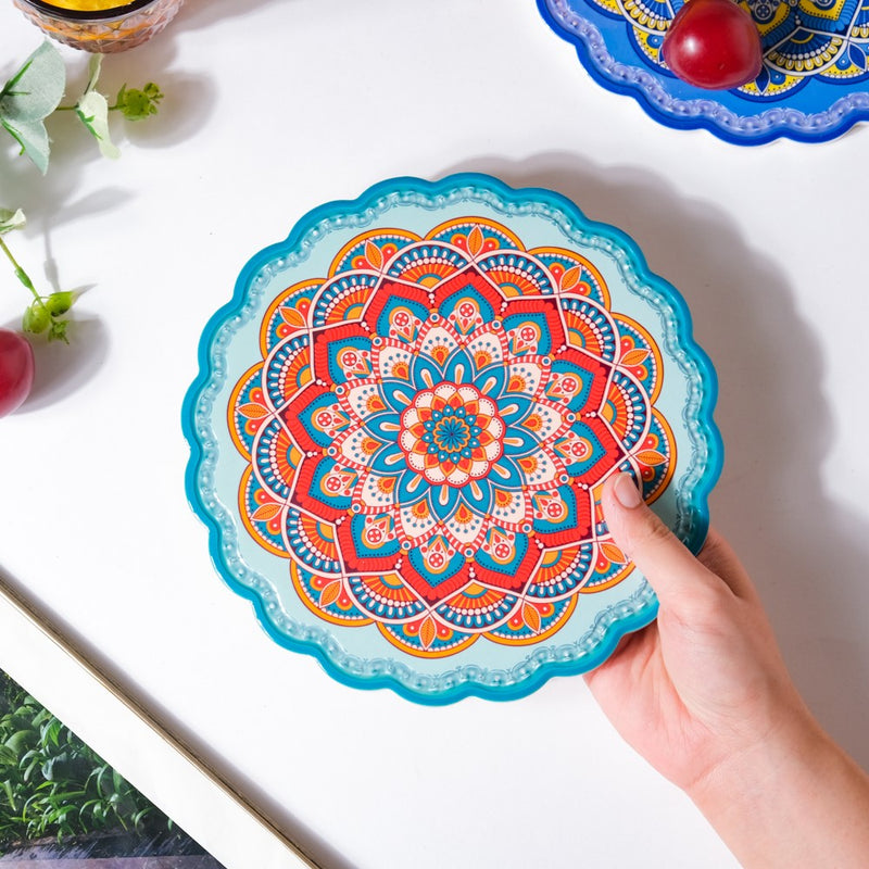 Floral Round Zellij Art Ceramic Trivet Blue And Orange 7 Inch