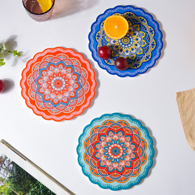 Floral Round Zellij Art Ceramic Trivet Blue And Orange 7 Inch