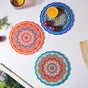 Floral Round Zellij Art Ceramic Trivet Blue And Orange 7 Inch