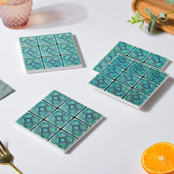 Zellij Art Floral Patterned Square Ceramic Coaster Blue And Green Set of 4