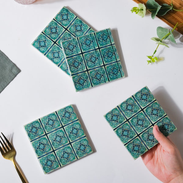 Zellij Art Floral Patterned Square Ceramic Coaster Blue And Green Set of 4