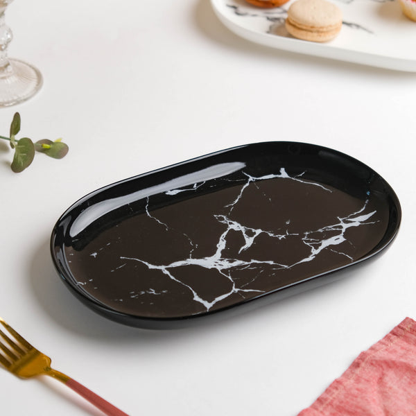 Marble Patterned Black Oval Platter 10 Inch