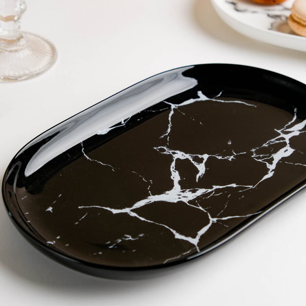 Marble Patterned Black Oval Platter 10 Inch