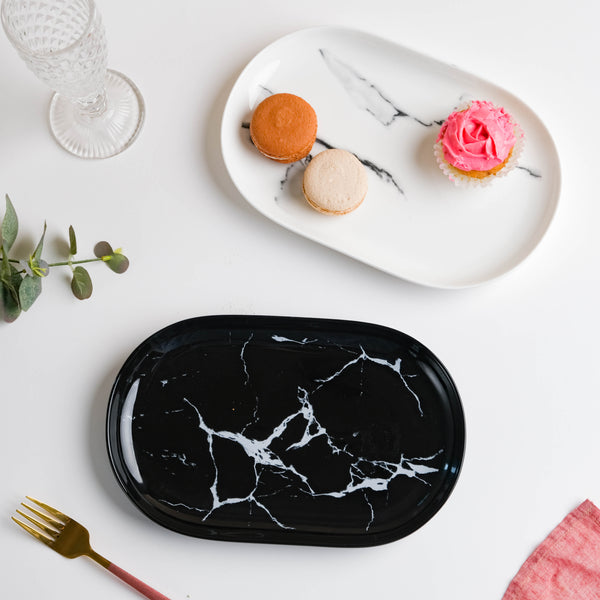 Marble Patterned Black Oval Platter 10 Inch