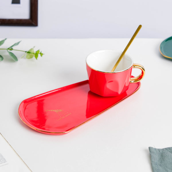 Brewtiful Glazed Ceramic Cup and Tray Set Red 150 ml