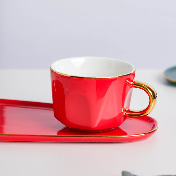Brewtiful Glazed Ceramic Cup and Tray Set Red 150 ml