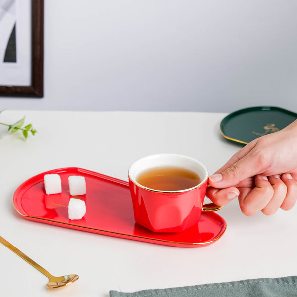 Brewtiful Glazed Ceramic Cup and Tray Set Red 150 ml