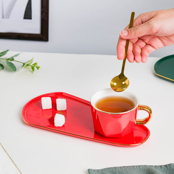 Brewtiful Glazed Ceramic Cup and Tray Set Red 150 ml