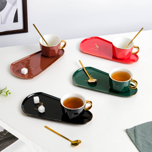 Brewtiful Glazed Ceramic Cup and Tray Set Red 150 ml