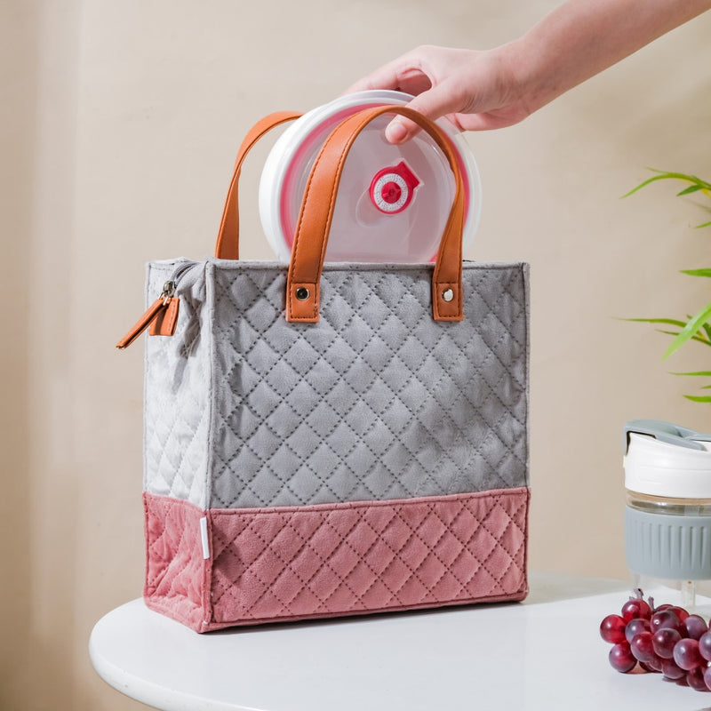 Luxe Velvet Lunch Bag Grey And Pink